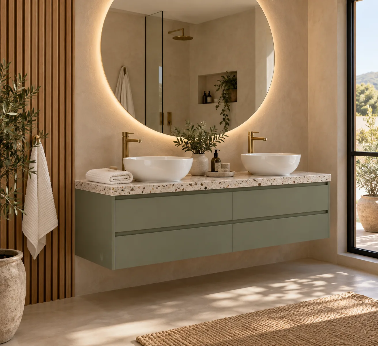Mueble de baño suspendido de doble seno en verde salvia con encimera de piedra y grifería dorada