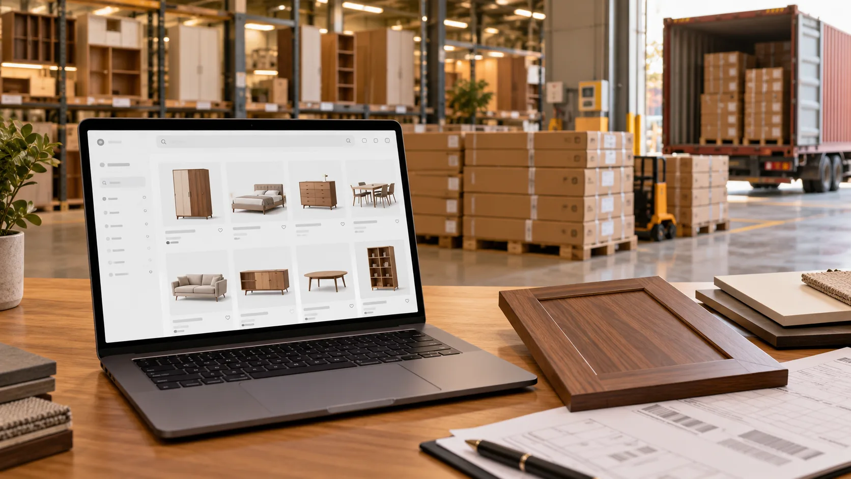 Portátil con página de marketplace B2B en almacén de muebles con cajas de armarios listas para exportar