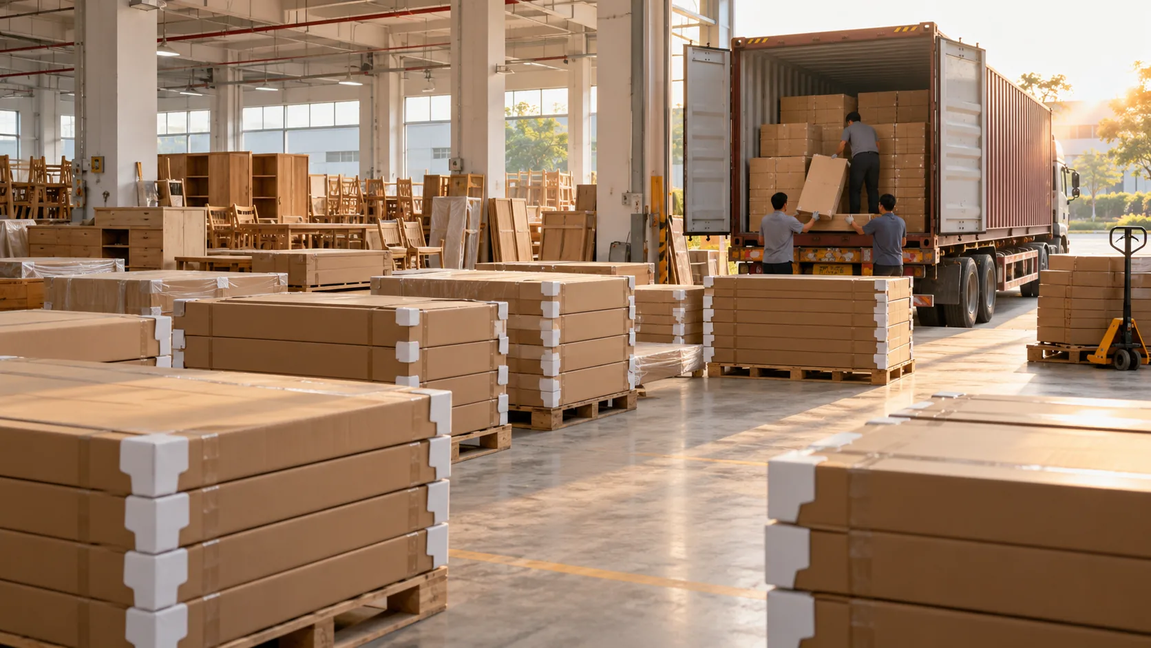 Almacén de fábrica de muebles en Foshan con cajas de embalaje plano cargándose en un contenedor