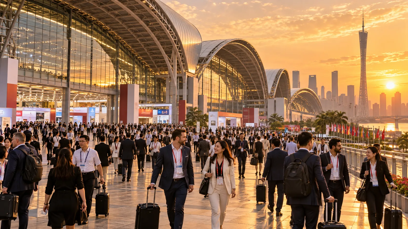 Recinto ferial de Pazhou con compradores internacionales al atardecer