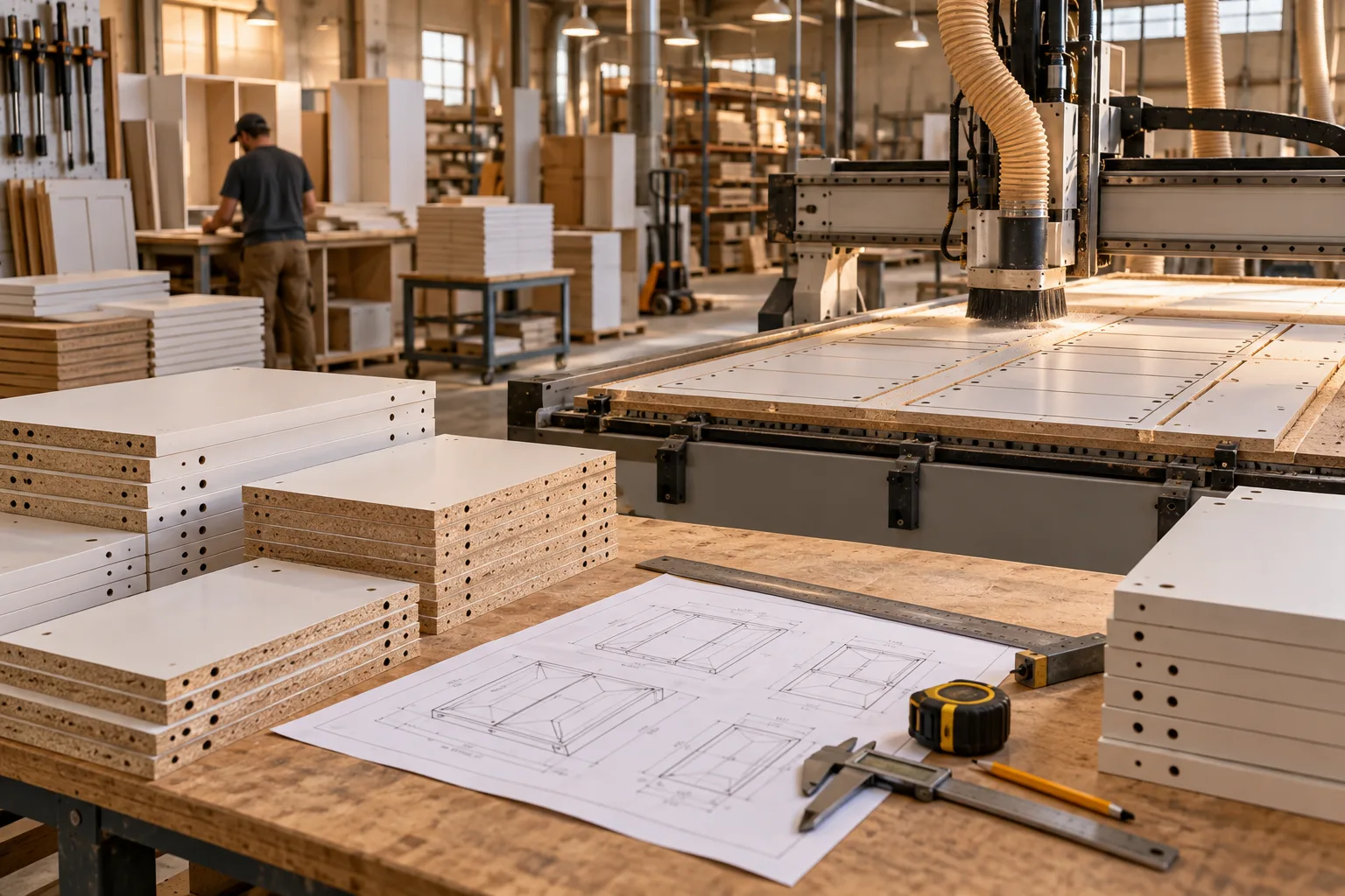 Taller de fabricación de gabinetes a medida: máquina CNC cortando paneles de melamina junto a componentes apilados y planos técnicos