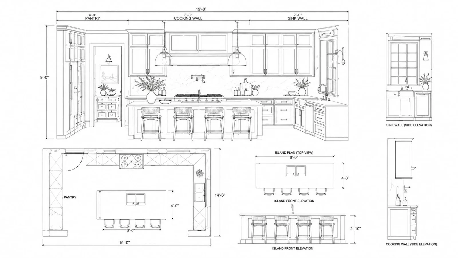 Planos técnicos de una cocina diseñada por George Group: alzados, planta con medidas y vistas de la isla